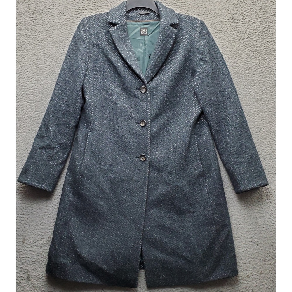 Cinzia Rocca Long Coat Womens 14 Green Herringbone Silk Lined Virgin Wool EUC